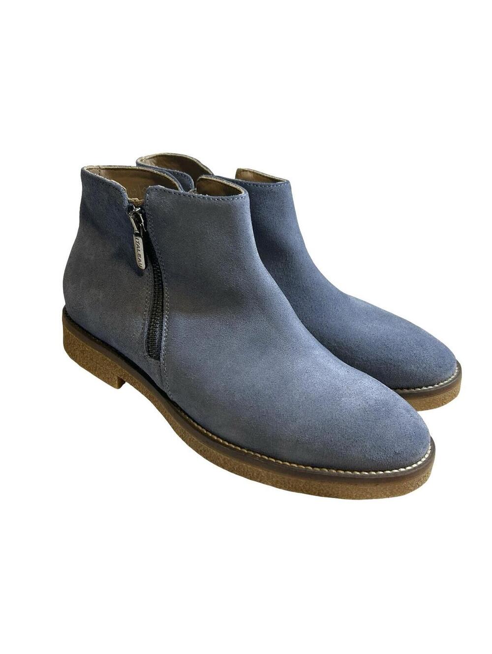 ITALEAU‎ Waterproof Suede Ankle Boots Blue Side Zip Italy Women’s 39.5 US 9 New